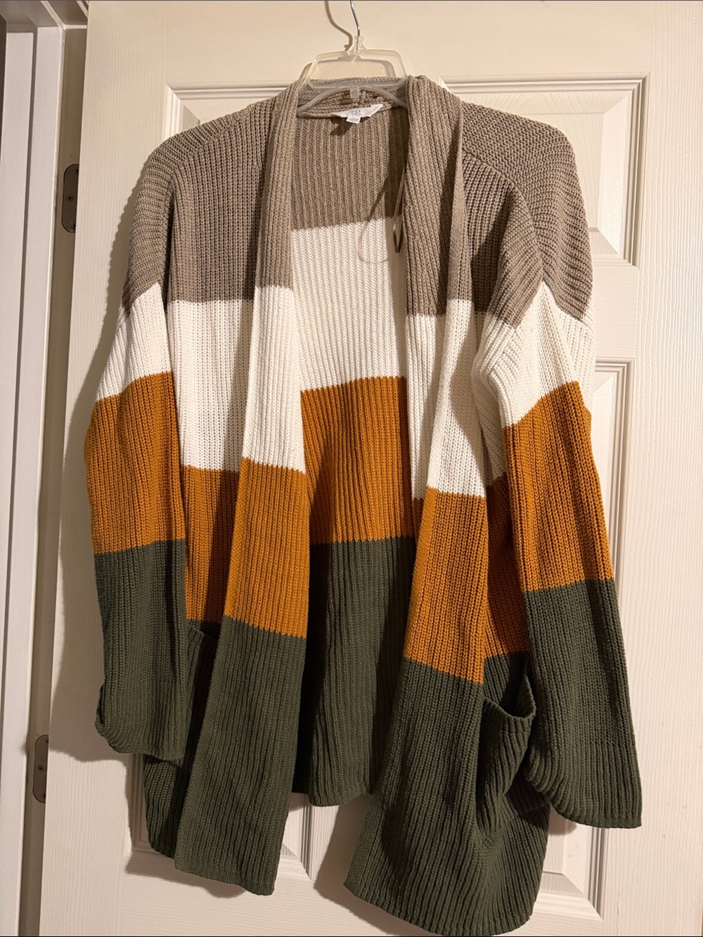 Time and Tru Taupe White Orange Olive Colorblock Open-Front Cardigan